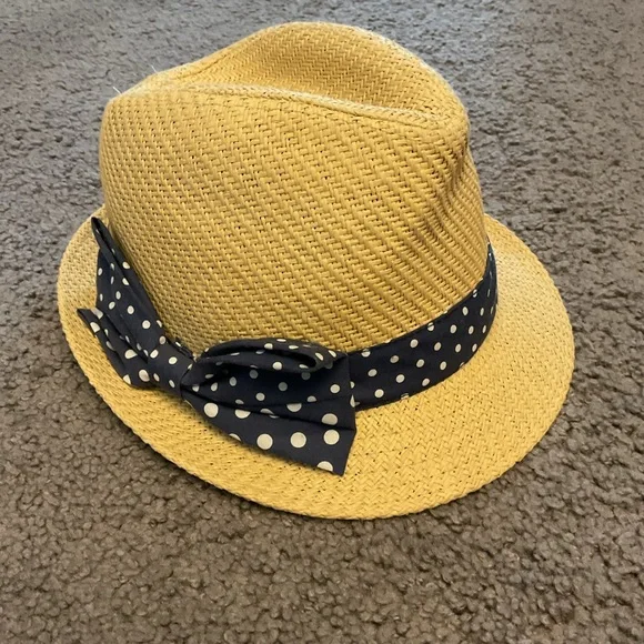 Amazing Polkadot Navy Bow Ribbon Straw Fedora Hat Beach Vacation Summer Like New - Picture 2 of 6